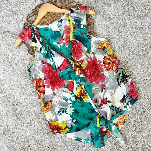 MM Couture By Miss Me Blouse Sleeveless Summer Floral Ruffle Tie V-Neck Size S - Picture 1 of 8